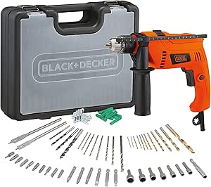 دریل کوبه ای چکشی سیمی BLACK + DECKER، 650 وات، 13 میلی متر با 50 قطعه لوازم جانبی مجموعه بیت در کیت باکس برای سوراخکاری فلز، بتن و چوب، ذخیره سازی آسان – نارنجی/مشکی، HD650KIT-B5