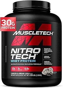 فرمول ساختمان عضلانی Ultimate Muscletech Nitro -Tech Protein Ultimate با ترکیبی منحصر به فرد از ایزوله و پپتیدهای پروتئین آب پنیر – پروتئین 30 گرم ، کراتین 3Gm و 6.6 گرم BCAA ، کوکی ها و طعم کرم ، 4.00 پوند