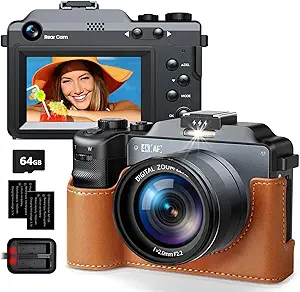 دوربین دیجیتالی 4K برای عکاسی 64MP خودکار دوربین YouTube با تمرکز خودکار دوربین با 3 ” ‘دوربین دوتایی 18x دوربین های جمع و جور با فلش ، 2 باتری و شارژر ، کارت 64 گیگابایتی برای مبتدی