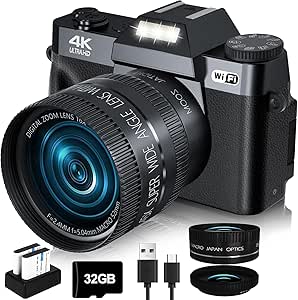 دوربین دیجیتال Vjianger 4K برای عکاسی ، دوربین vlogging 48 مگاپیکسلی برای YouTube با صفحه نمایش 3.0 اینچی ، زوم دیجیتال 16 برابر ، شامل 32 گیگابایت کارت SD ، 2 باتری (سیاه)