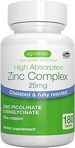 روی 25mg kelated igennus با مس ، پیکولینات و بیس گلیسنات ، برچسب تمیز و مجتمع جذب زیاد ، مکمل زنان و مردان ، وگان ، ایمنی ، سلامت پوست و سلولی ، 180 قرص