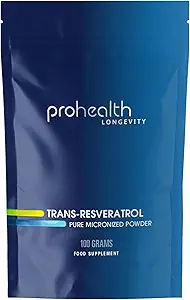 ProHealth طول عمر فله پودر ترانس رس رس رزوراترول 100 گرم – درجه دارویی خالص ، 1000 میلی گرم در هر قاشق غذاخوری ، جذب برتر و فراهمی زیستی