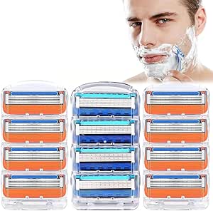 12 قطعه تیغ تیغ مردان ، 5 تیغه ضد اصطکاک لایه ای برای ژیلت فیوژن 5 تیغ ، 5 تیغ فوق العاده صاف و صاف مجدد کارتریج برای آقایان (8 قطعه نسخه نارنجی + نسخه آبی 4pcs)