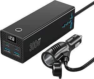 قدرت شناسی 300W اینورتر ماشین ، 36W PD ، 2 × USB-C/ 2 × USB-A/ 2 × AC سوکت جهانی ، طول کابل 53 سانتی متر ، صفحه نمایش اطلاعات قدرت ، محافظت داخلی ، شارژ همزمان ، شارژر لپ تاپ-سیاه