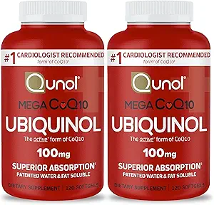 Qunol Mega Ubiquinol COQ10 100mg Softgels- جذب برتر – فرم فعال کوآنزیم Q10 برای سلامت قلب – عرضه 8 ماهه – تعداد 120 (بسته 2)