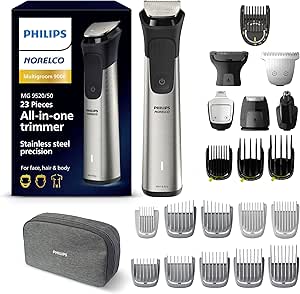 Philips Norelco Multi Groomer 23 قطعه کیت نظافت مردان ، اصلاح کننده ریش ، سر ، بدن و صورت – دقت از جنس استنلس استیل. روغن تیغه مورد نیاز نیست. MG9520/50 ، نقره ، 1 تعداد