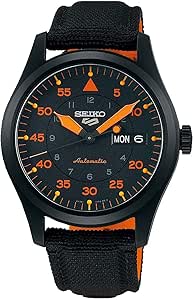 ساعت مچی مردان SEIKO SRPH33 ، ذخیره انرژی 41 ساعته ، کیس از جنس استنلس استیل ، بند نایلون سیاه ، شماره گیری آبی و نارنجی ، صفحه نمایش روز/تاریخ ، 100 متر مقاوم در برابر آب