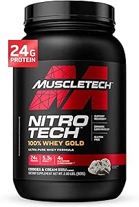 فرمول پروتئین آب پنیر Muscletech Nitro Tech Ultra-Pure برای بازیابی سریع گلوتن بدون پروتئین 24 گرم ، 5.3 گرم BCAAS و 4 گرم گلوتامین و پیشرو ، کوکی ها و کرم ها ، 2.00 پوند