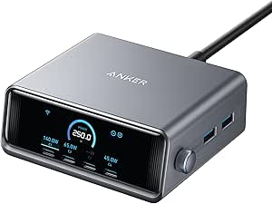 شارژر USB C Prime 250W USB C ، ایستگاه شارژ GAN فوق العاده سریع 6 پورت ، نمایشگر LCD 2.26