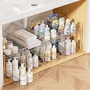Vtopmart 2 Tier Storage Organizer ، 4 بسته روشن در زیر سازمان دهندگان سینک کانتینر پیشخوان غرور ، سطل های کابینت دارویی ، سازمان کشش با آهنگ برای شیرین کاری ، آشپزخانه