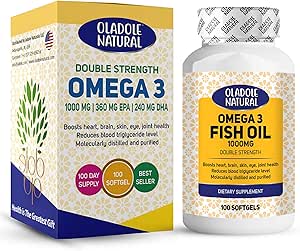 Oladole Natural Omega-3 Oil Fish 1000mg (100 Softgels) | 360mg EPA و 240mg DHA برای تقطیر مولکولی ، پشتیبانی ضد التهابی برای قلب ، مغز ، پوست ، چشم و مفاصل | | بدون گلوتن و غیر GMO