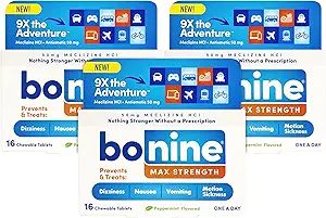Bonine Max Chewable برای تسکین بیماری حرکتی – با Meclizine HCl 50mg – حداکثر فرمول استحکام برای درمان حالت تهوع یا بیماری حرکتی – ملزومات کروز – نعناع – 16 قرص جویدنی ، 3 بسته