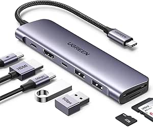 Ugreen Revodok USB C HUB 7-in-1 با کارت خوان SD/TF ، درگاه های داده 5 گیگابایتی ، شارژ PD 100W ، 4K HDMI ، USB C آداپتور برای ویندوز/تبلت/MacBook Pro/Air M1/M2/iPad/Surface/Surface/Monitor/Camera
