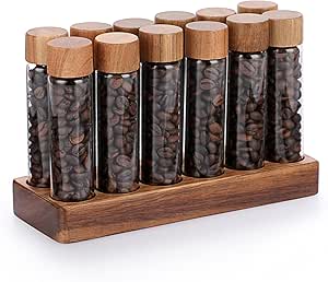 مجموعه Juxyes از 12 لوله ذخیره سازی لوبیای قهوه با دوز دوز با ایستاده و درب چوبی ، ویال های شیشه ای دوز برای ذخیره قهوه ، انبارهای ظرف لوبیا قهوه ، قوطی های لوبیا اسپرسو ، 2 تا اونس
