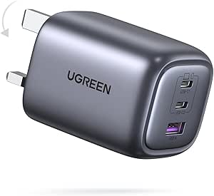 Ugreen Nexode 65W USB C Charger 3-Port Adapter GAN لپ تاپ تاشو نوع C شارژر دیواری سریع سازگار برای MacBook Pro/Air ، HP/Dell/Lenovo ، iPad Pro/Air ، iPhone 16/15 ، Galaxy S24 Ultra/S23 ، و غیره