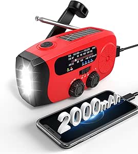رادیو اضطراری Hand Crank با شارژر تلفن همراه 2000mAh ، رادیو NOAA AM/FM با شارژر خورشیدی ، دستی و USB ، رادیو آب و هوا قابل حمل با چراغ قوه روشن و زنگ SOS