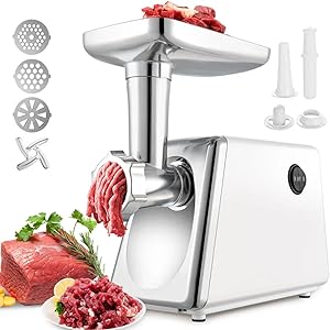 3 ساعت چرخ الکتریکی گوشت برقی 2000W ، مینکر گوشت با 3 صفحه سنگ زنی و لوله های پر از سوسیس برای استفاده در منزل و تجاری ، فولاد ضد زنگ/نقره/2000W (حداکثر)