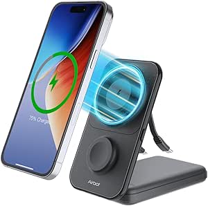 Airbot 3-in-1 بانک قدرت مغناطیسی 8000mAh ، 15W شارژر بی سیم مغناطیسی تاشو برای چندین دستگاه ، PowerBank سریع Magsafe- سازگار برای آیفون 16/15/14/13/12 ، اپل واچ ، AirPods