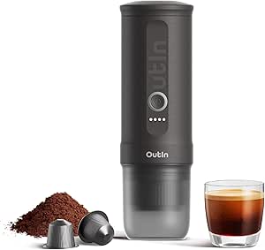 دستگاه اسپرسو برقی قابل حمل OUTIN NANO با 3-4 دقیقه خود گرمایش ، 20 بار مینی کوچک قهوه ساز ماشین 12 ولت 24 ولت ، سازگار با کپسول NS و قهوه زمین ، فضای خاکستری