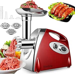 قیچی گوشت برقی برقی و سازنده سوسیس ، موتور مس 2800W ، فولاد ضد زنگ ، 3 صفحه برش ، کیت سوسیس و کاببه (قرمز)