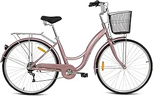 Mogoo Brooklyn 6 Speed Cruiser Bike ، 26 اینچ ، دوچرخه شهر با چرخ دنده ها ، قاب فولادی ، دوچرخه جاده ، چرخه راحتی ، بزرگسالان دوچرخه یونیکس ، سبد جلو ، حامل عقب ، دوچرخه کلاسیک مسافر