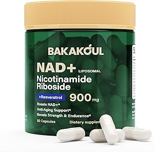 مکمل Bakakoul Nad – لیپوزومی نیکوتین آمید ریبوزید ، رسوراترول ، کوئرستین ، ناد نیکوتین آمید ریبوزید رسوراترول 900mg ، NAD+ مکمل برای مردان و زنان ، 80 کپسول 1 بسته