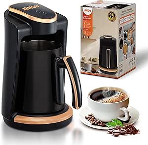 Jinou Turkish Cofeer Maker 600W – دکمه قدرت لمسی هوشمند – ساخته شده با مواد با کیفیت و ممتاز و پوشش غیر چسبنده – دستگاه قهوه برای تهیه قهوه و سایر نوشیدنی های گرم. (سیاه). 4 فنجان ضمانت 1 ساله.