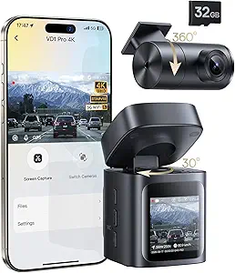 BASEUS VD1 PRO DASH CAM جلو و عقب ، دوربین داش 4K+1080p برای اتومبیل ، حالت پارکینگ بدون هاردویر خورشیدی ، استارویس شب بینایی ، کارت 32 گیگابایتی شامل ، WiFi 5GHz ، GPS ، زاویه عرض 170 درجه ، کنترل صدا