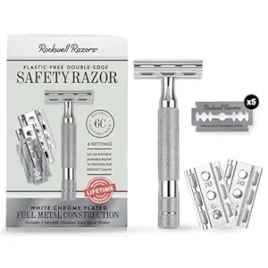 تیغ Rockwell Razors 6c White Chrome Razor برای پوست حساس. سوختگی و سوزش تیغ را کاهش می دهد. همراه با 6 تنظیم قابل تنظیم قابل تنظیم و 5 تیغه قابل بازیافت. تیغ قابل استفاده مجدد برای زنان و مردان