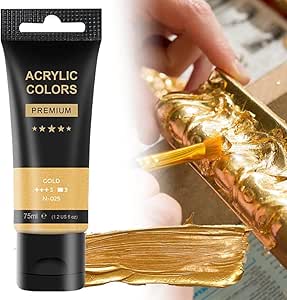 رنگ اکریلیک سفید و متالیک ممتاز 75 میلیلیتری برای بوم، چوب، پارچه، پلاستیک و فلز، لوازم هنری برای هنرمندان، صنایع دستی، بزرگسالان، دانشآموزان، کودکان (طلا)