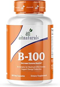 Aitnaturals Vitamin B-100 (100 کپسول) | کمپلکس B غنی شده (B1، B2، B3، B5، B6، B7، B9 و B12) برای تولید انرژی، خلق و خو و سرزندگی، حمایت از سیستم ایمنی، موهای سالم، پوست، ناخن ها و عملکرد شناختی