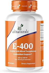 Aitnaturals Vitamin E-400IU 100 ژل نرم مخلوط با توکوفرول و سلنیوم (100mcg) | حمایت از سیستم ایمنی، سلامت پوست و هضم، جلوگیری از پیری زودرس سلول ها، مبارزه با رادیکال های آزاد، آنتی اکسیدان