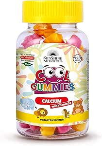 Sunshine Nutrition Cool Gummies کلسیم با ویتامین D3 برای کودکان، 120 لثه | برای استخوان ها، دندان ها و عضلات قوی | طعم 100% کاملا طبیعی | بدون گلوتن