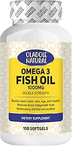 Oladole Natural Omega-3 Fish Oil 1000mg (100 Softgels) |360mg EPA & 240mg DHA برای تقطیر مولکولی، پشتیبانی ضد التهابی برای سلامت قلب، مغز، پوست، چشم و مفاصل | بدون گلوتن و غیر GMO