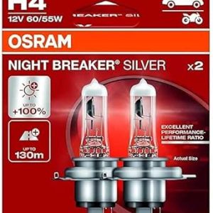 OSRAM Night Breaker نقره ای H4 100% روشنایی بیشتر لامپ چراغ جلو هالوژن 64193NBS-2HB 12V جعبه آویز خودرو (2 لامپ)