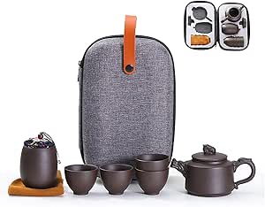 ست چای مسافرتی قوری کونگ فو سرامیکی چینی قابل حمل دست ساز قوری گلی بنفش همه در یک کیسه کادویی برای بزرگسالان (ست چای اژدهای خاکی بنفش)