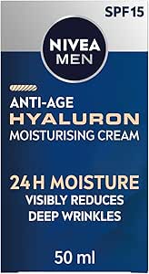 کرم مرطوب کننده NIVEA MEN Anti-Age Hyaluron SPF15 (50ml)، کرم ضد چروک صورت با اسید هیالورونیک و پرو رتینول، چین و چروک های عمیق را به وضوح کاهش می دهد و پوست را سفت می کند.