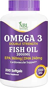 NBL NATURAL Omega 3 Fish Oil 2000 mg 360 EPA 240 DHA با قدرت مضاعف، پشتیبانی قلبی عروقی، 200 ژل نرم