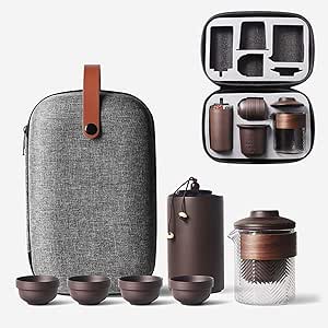 دمنوش سرامیکی کونگ فو چینی مسافرتی دست ساز قابل حمل، فنجان های چای قوری همه در یک کیسه هدیه برای بزرگسالان (ست چای خاک رس بنفش 3)