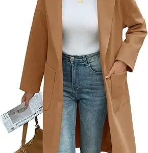 مانتوهای نخودی بلند زنانه Tankaneo کت های یقه ای جلو باز کت های یقه دار با کمربند معمولی با جیب