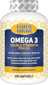 روغن ماهی Omega-3 طبیعی اولادول 2000 میلی گرم (200 ژل نرم) – تقطیر شده مولکولی | پشتیبانی از قلب، مغز، پوست، چشم و مفاصل سالم | 360mg EPA و 240mg DHA برای رفاه کامل | بدون گلوتن غیر GMO