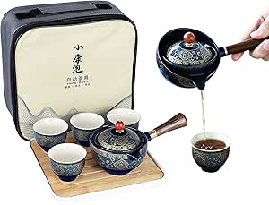 ست چای مسافرتی قابل حمل چینی سبز تیره fanquare، سرویس چای خوری طرح گل طلایی با سینی و کیسه چای بامبو