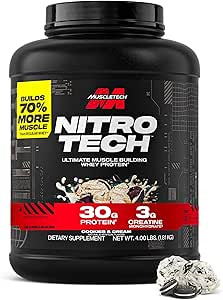 پودر پروتئین آب پنیر Muscletech (کوکی ها و کرم، 4 پوند) – فرمول عضله سازی Nitro-Tech با ایزوله و پپتیدهای پروتئین آب پنیر – 30 گرم پروتئین، 3 گرم کراتین و 6.8 گرم BCAA