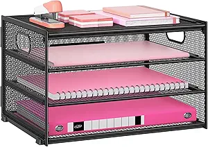 سازمان دهنده میز سینی حروف 3 لایه Lavatino، سازمان دهنده سینی فایل کاغذی مشبک برای میز، لوازم اداری و سازمان خانه، مناسب کاغذ A4، نامه، مجلات و لوازم اداری (مشکی با دسته)