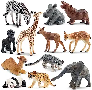 Toymany 12PCS Forest Animals Baby Figurines, Woodland Animals Realistic Figurines شامل فیل، شیر کوهی، زرافه و توله آهو، کیک تاپر هدیه تولد کریسمس برای کودکان نوپا