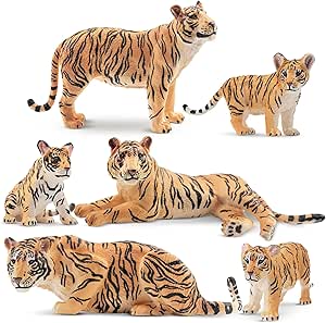 مجسمه های ببر واقعی Toymany 6PCS با توله های ببر، ست خانواده فیگورهای 2-6 اینچی حیوانات جنگل، رویه کیک اسباب بازی آموزشی هدیه تولد کریسمس برای کودکان نوپا