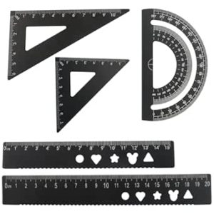 مجموعه هندسه 5 تکه فلزی، کیت خط کش آلومینیومی نقاله و خط کش های مثلثی دقیق برای مهندسین، دانش آموزان، ابزارهای اندازه گیری ریاضی (مشکی)