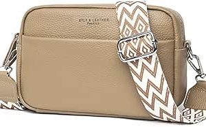 کیف کراس بادی زنانه، کیف چرمی بند ضخیم دوربین، کیف دوشی زیپی سه گانه با بند گیتار (خاکی A-Light)