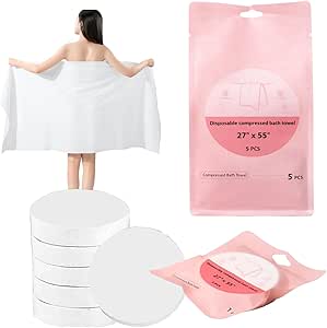 SKY-TOUCH 5 عدد حوله حمام فشرده 70×140 سانتی متر، حوله مسافرتی یکبار مصرف قابل حمل قابل استفاده مجدد برای کمپینگ، هتل، ساحل، ورزشگاه، سفر شنا و استفاده در فضای باز (صورتی)