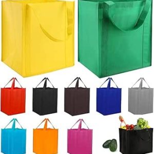 بسته بندی 10 کیسه خواربار فروشی، کیسه های خرید قابل استفاده مجدد با دسته، کیسه های بازار انبوه برای مواد غذایی، کیف آشپزخانه بزرگ تاشو و قابل استفاده مجدد، کیسه های خرید سنگین، پایین ضخیم شده می تواند 45 پوند را تحمل کند،